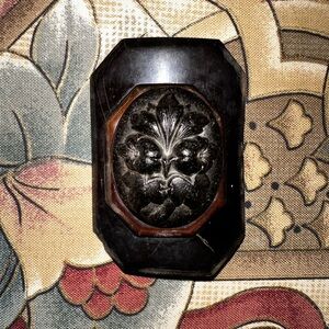 Victorian Mourning Floral Black and Dark Brown Brooch Antique Collectible